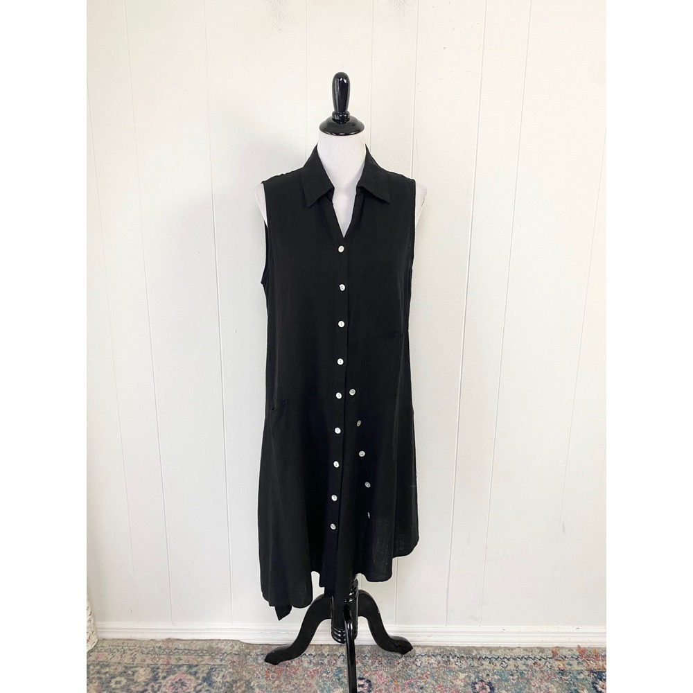 For Cynthia Black Linen Blend Sleeveless Button Down Midi Dress Asymmetric Hem L